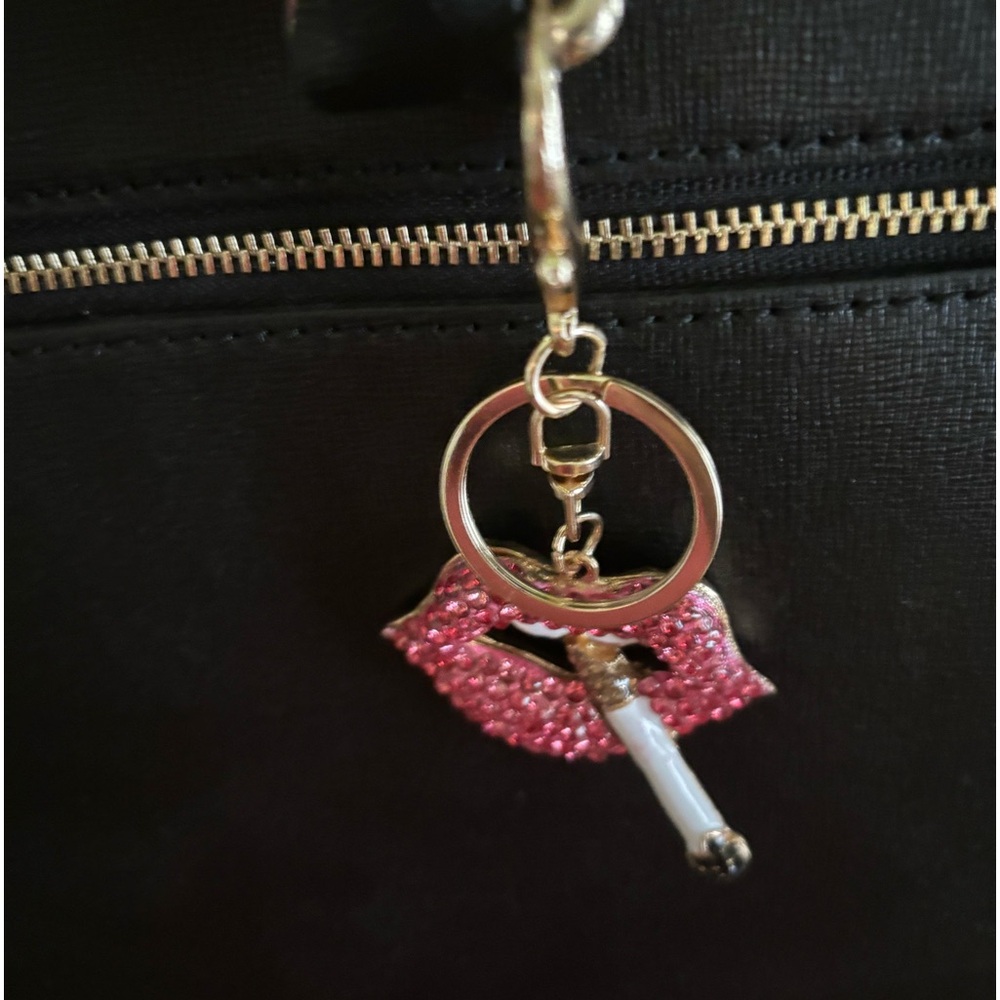 Betsey Johnson Pink Crystal Lip & Cigarette Charm Keychain